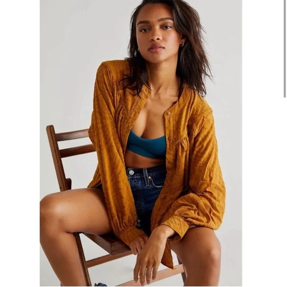 Free People Can’t Stop Dreaming Tunic Top Mustard Yellow boxy textured floral M - Picture 2 of 8